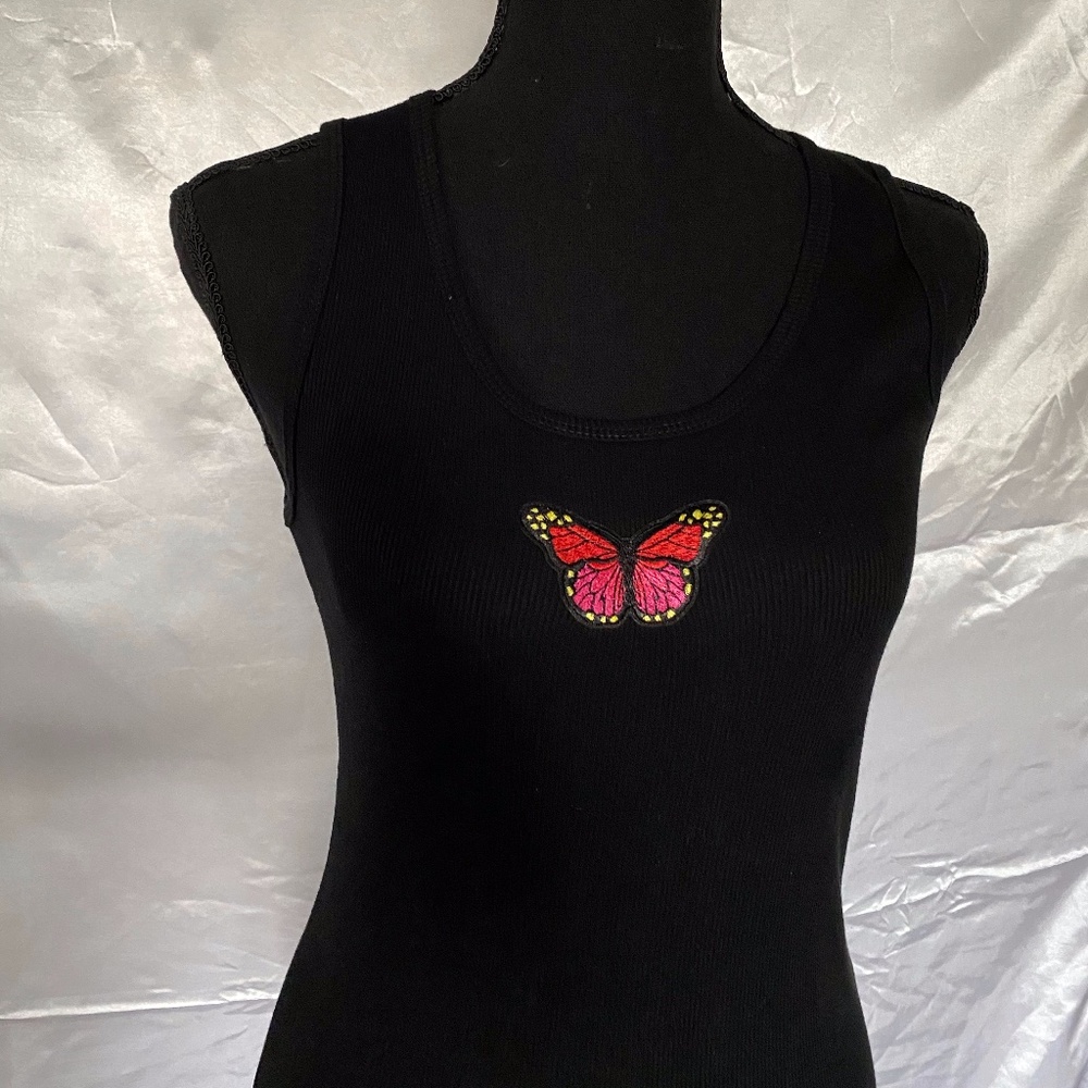 Black tank top with red and pink butterfly